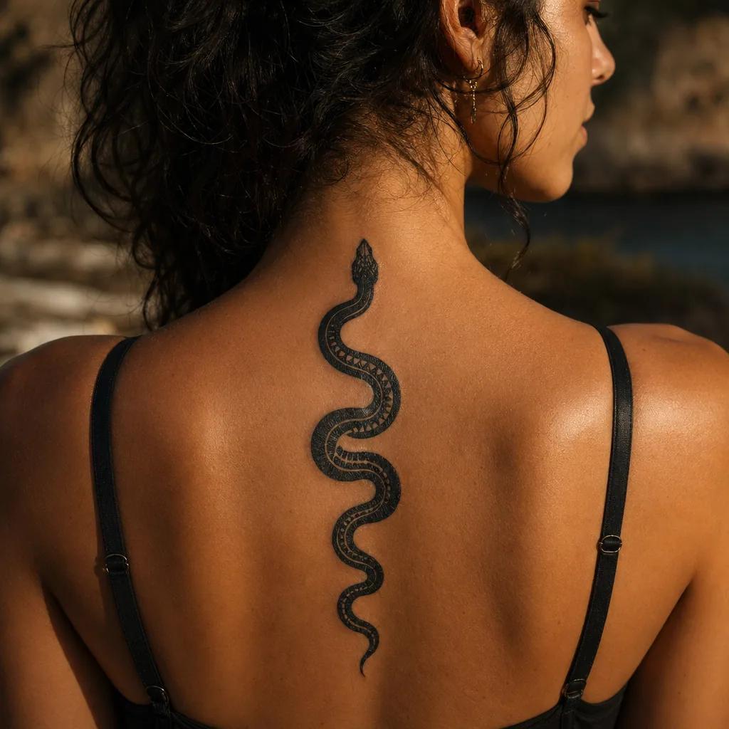 wirbelsäule-tattoo schlange im blackwork, Foto auf echter Haut