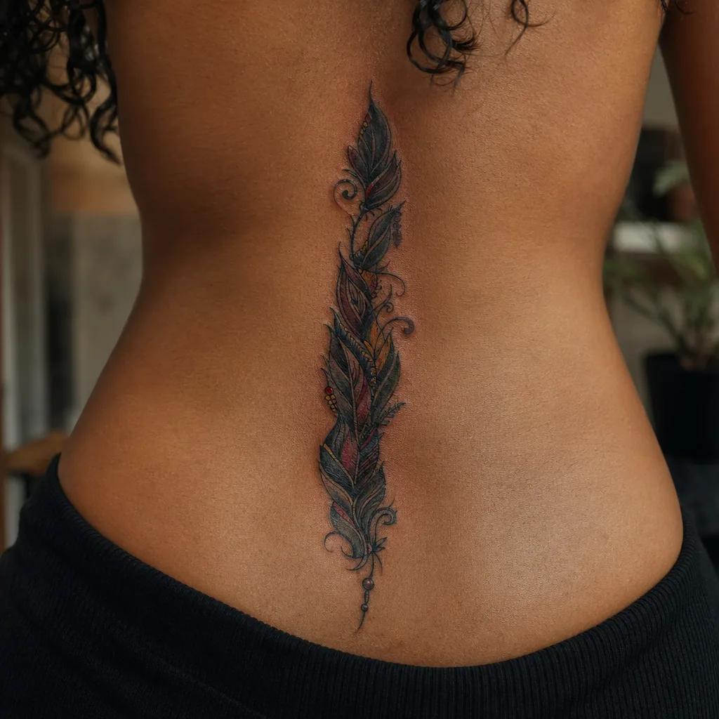 wirbelsäule-tattoo neo-traditional federn, Foto auf echter Haut