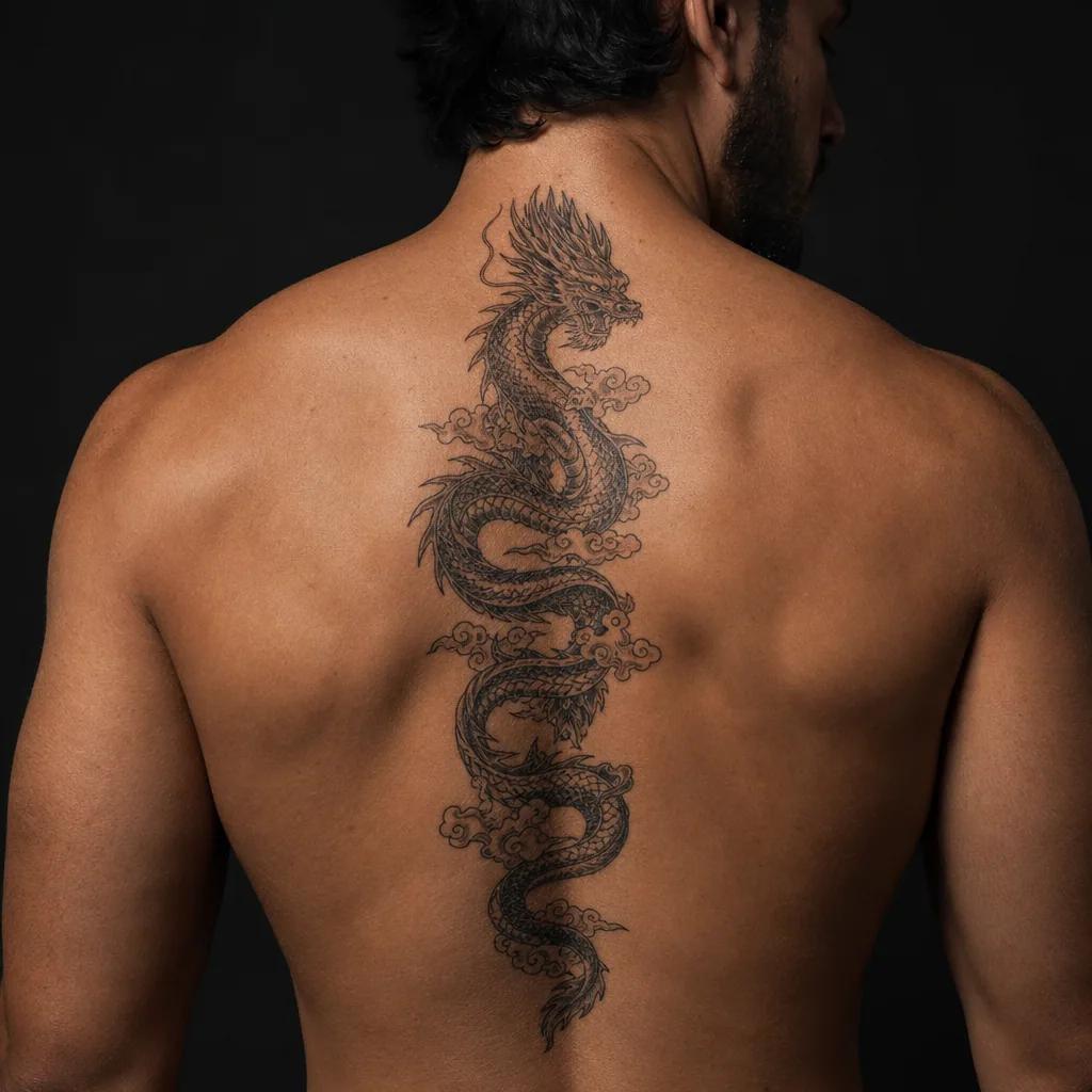 wirbelsäule-tattoo vertikaler japanischer drache, Foto auf echter Haut