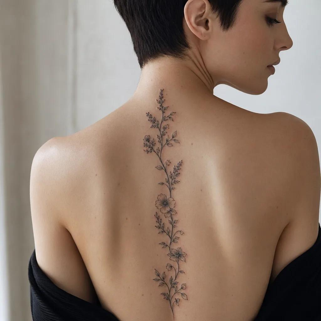 wirbelsäule-tattoo aufsteigende blütenranke, Foto auf echter Haut