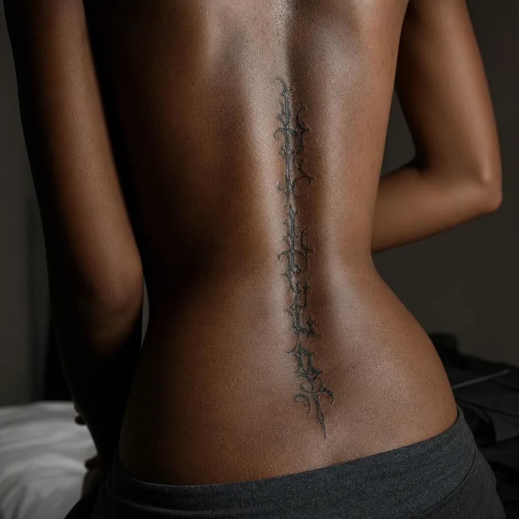 wirbelsäule-tattoo vertikaler gotischer schriftzug, Foto auf echter Haut