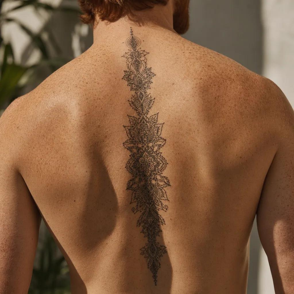 wirbelsäule-tattoo filigranes spitzen-mandala, Foto auf echter Haut