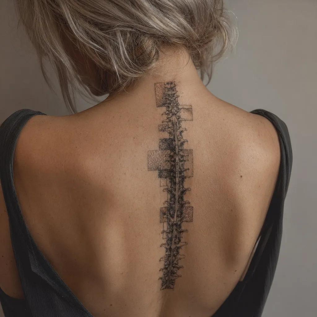 wirbelsäule-tattoo flash-patchwork am rücken, Foto auf echter Haut