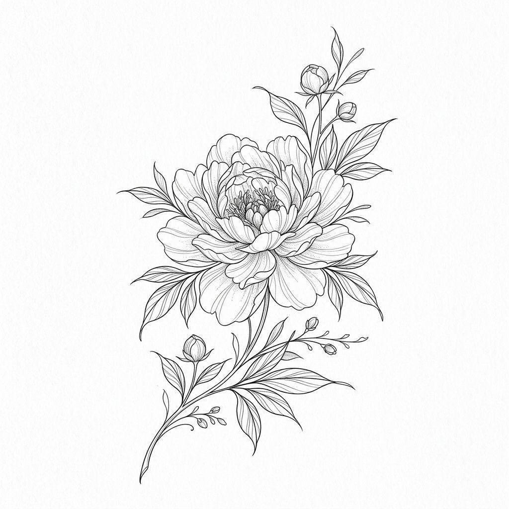 blume-tattoo pfingstrose in fineline