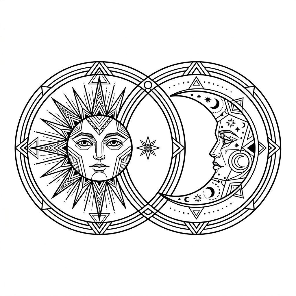idée tatouage couple soleil et lune géométriques