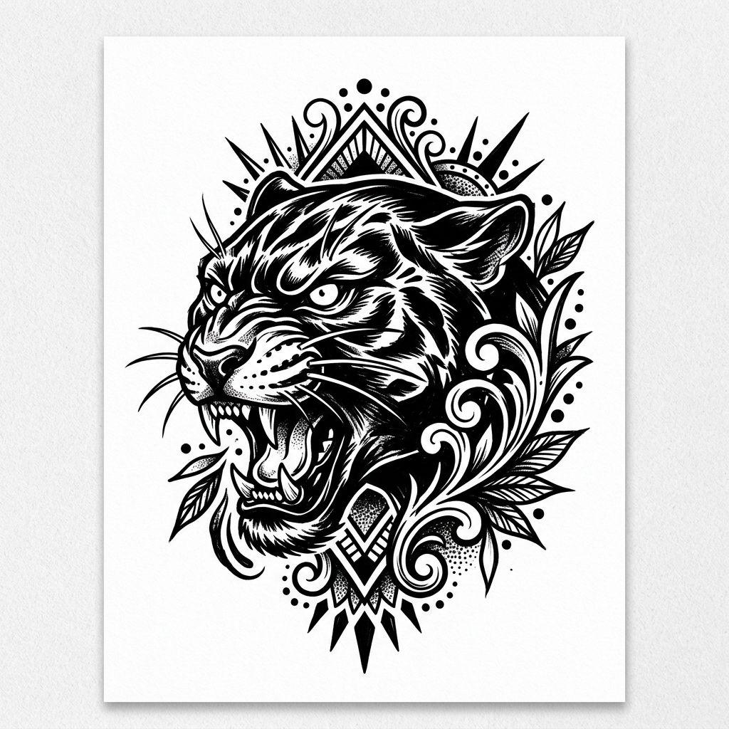 oberschenkel-tattoo panther blackwork