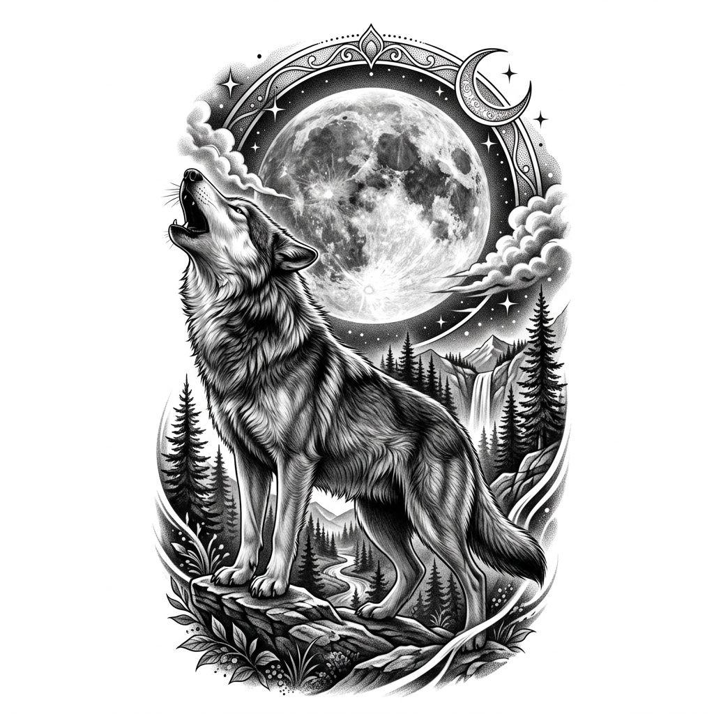oberschenkel-tattoo realistischer heulender wolf