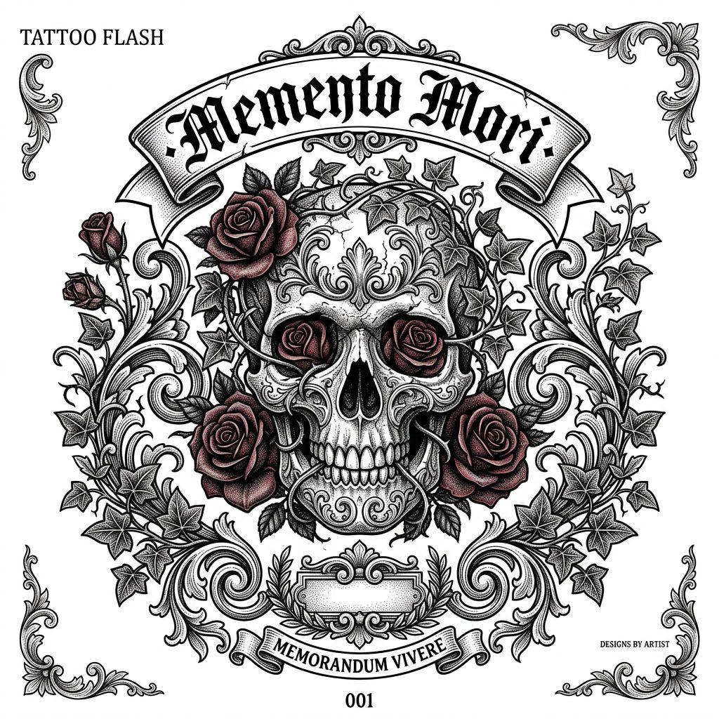 idée tatouage deuil crâne et roses memento