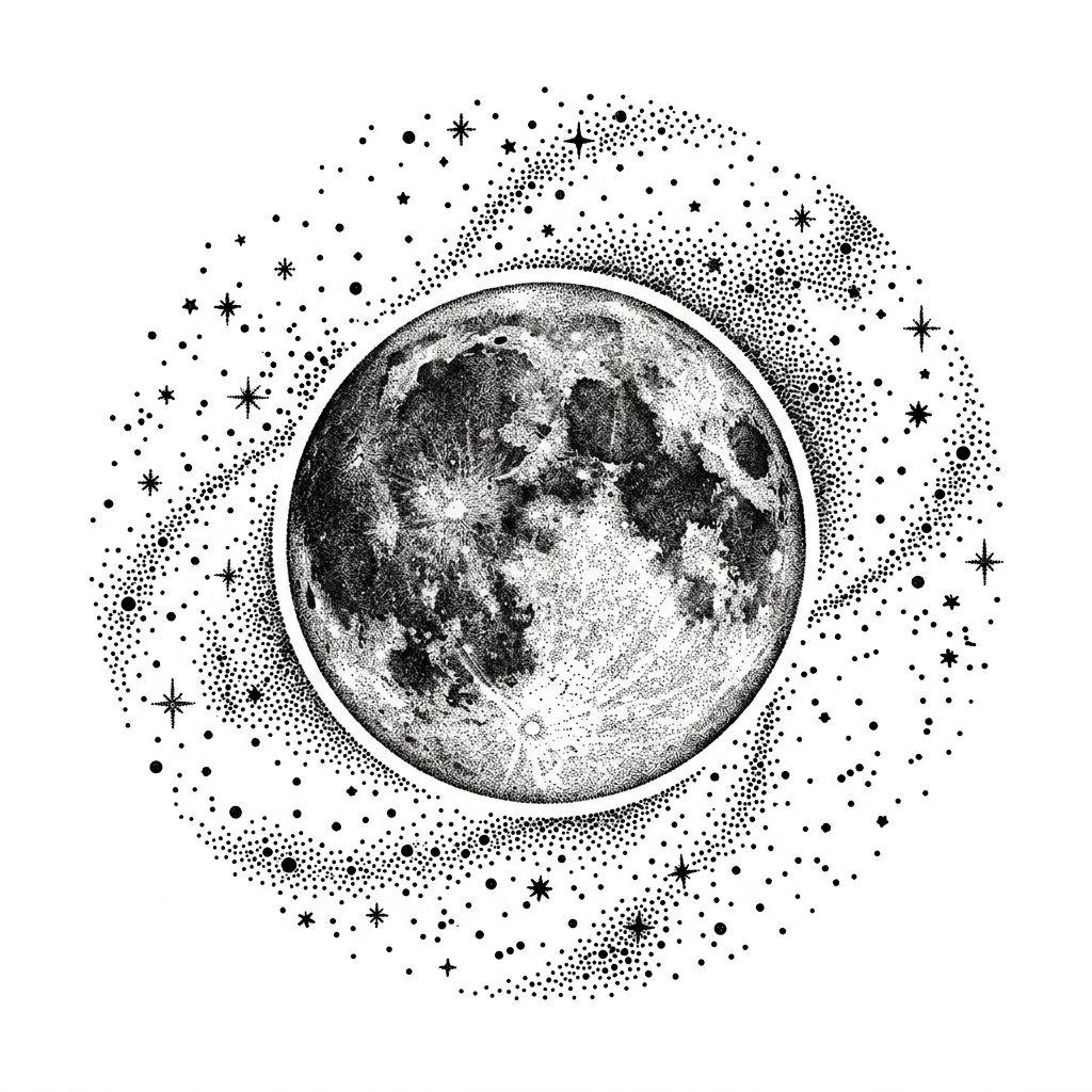 rücken-tattoo mond und sterne dotwork