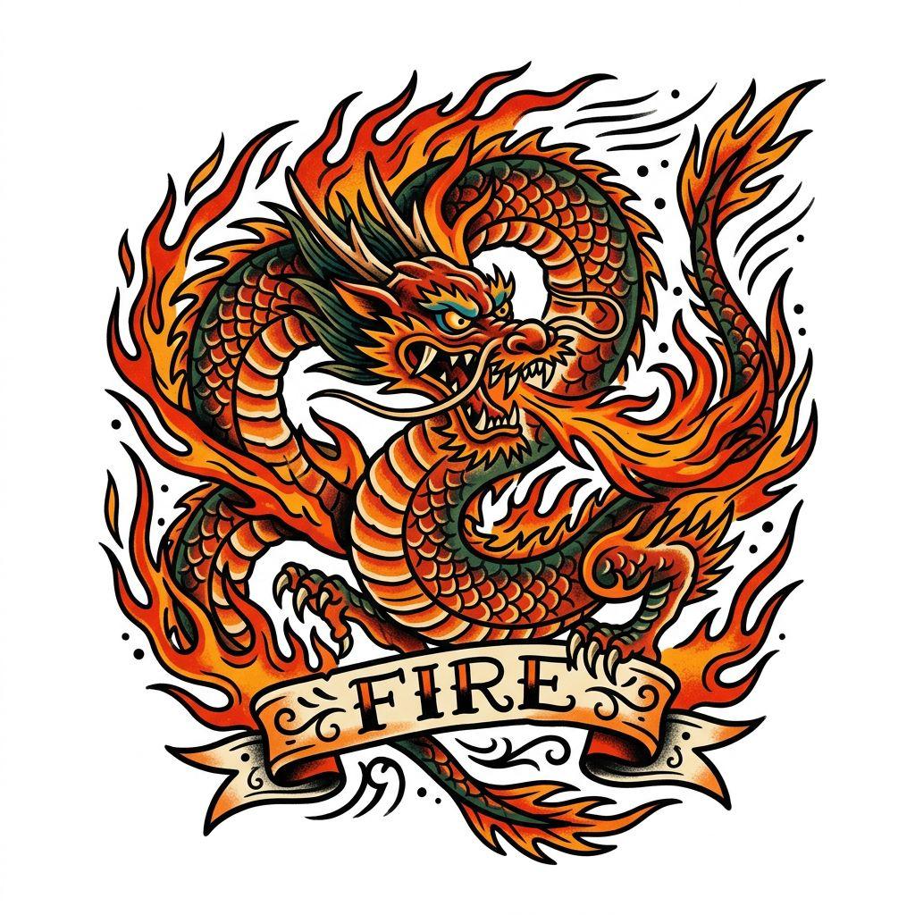 drache-tattoo drache old school flammend
