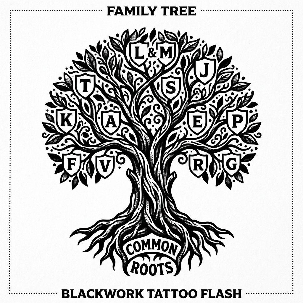familie-tattoo stammbaum in blackwork, Vorlage auf weißem Hintergrund