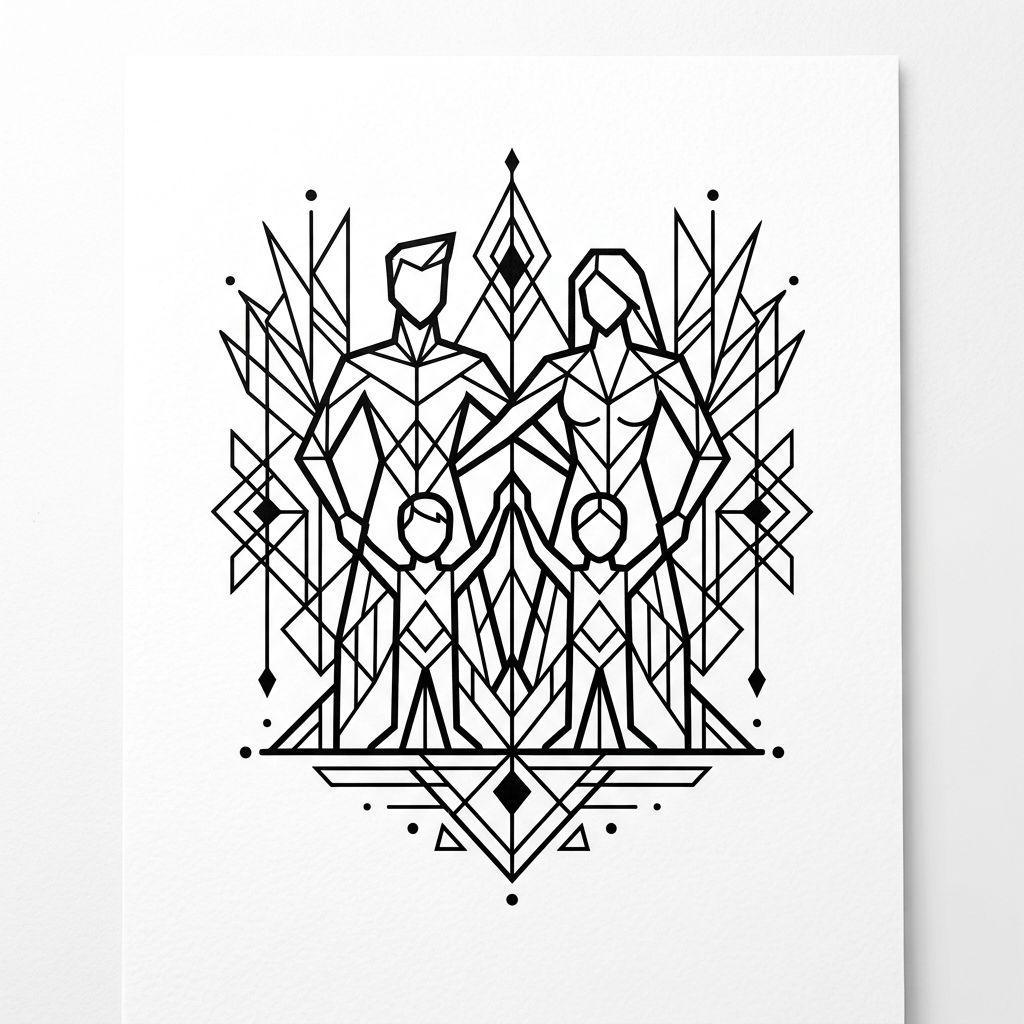 familie-tattoo familiensymbol geometrisch, Vorlage auf weißem Hintergrund