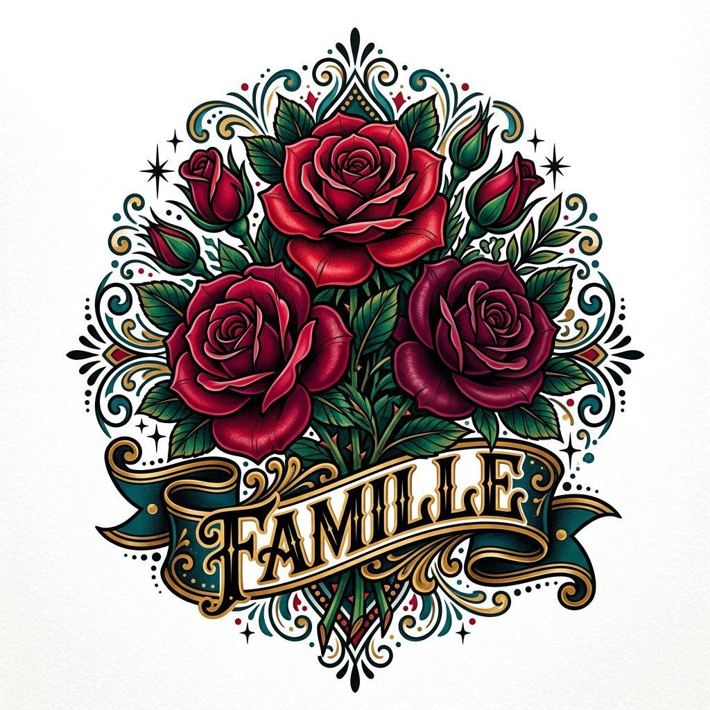 familie-tattoo neo-traditional rosen, Vorlage auf weißem Hintergrund