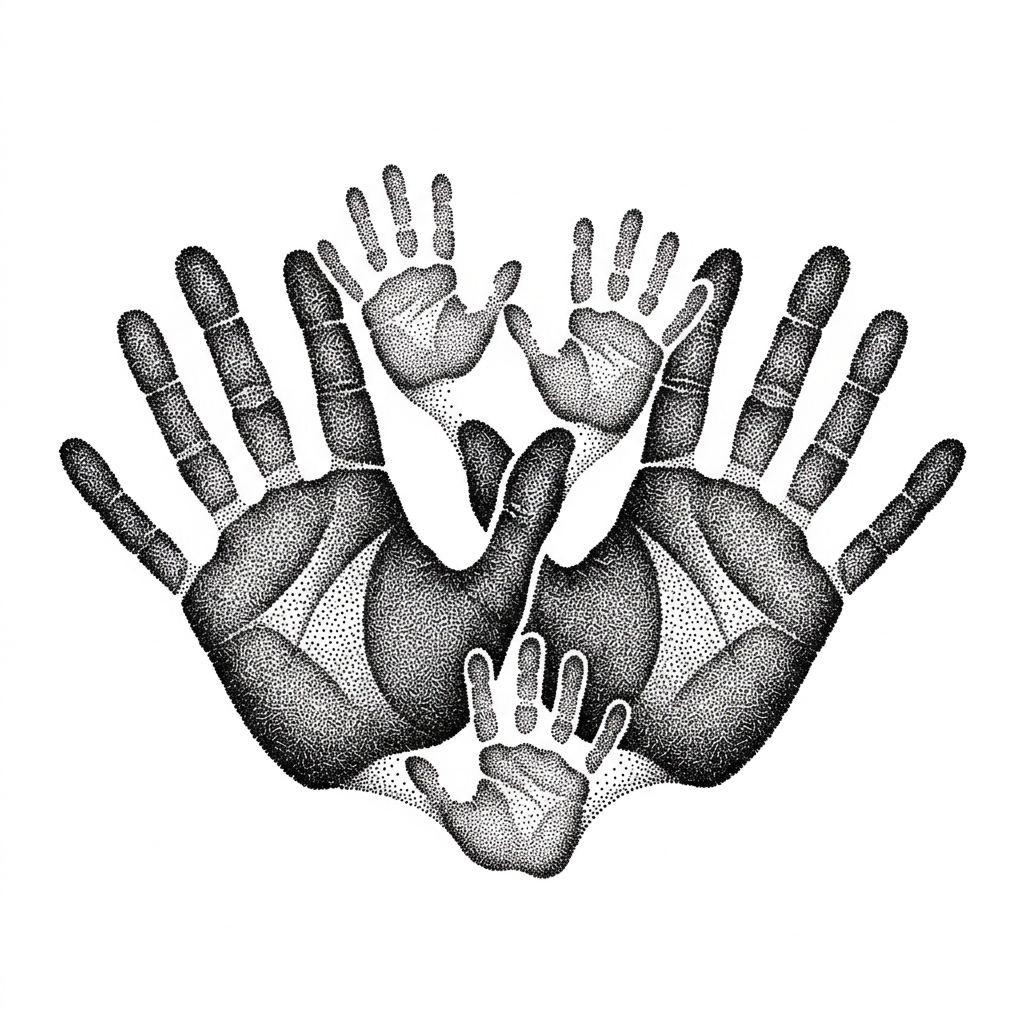 familie-tattoo handabdrücke in dotwork, Vorlage auf weißem Hintergrund