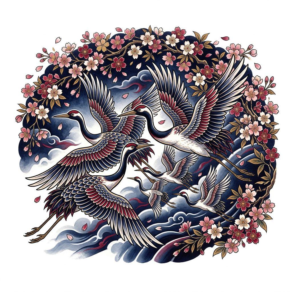 familie-tattoo japanische kraniche im flug, Vorlage auf weißem Hintergrund
