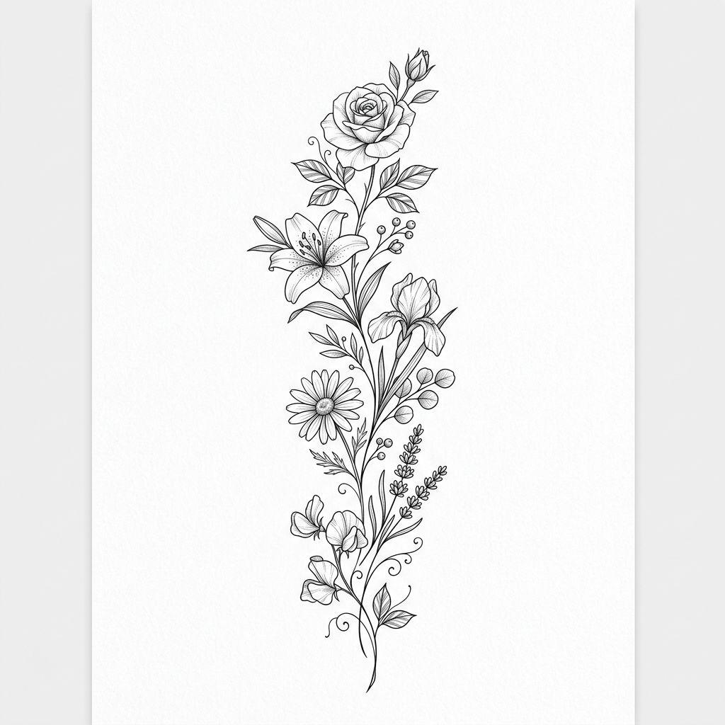 familie-tattoo florales familienbukett, Vorlage auf weißem Hintergrund