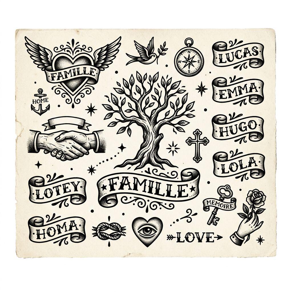 familie-tattoo familien-flash-patchwork, Vorlage auf weißem Hintergrund