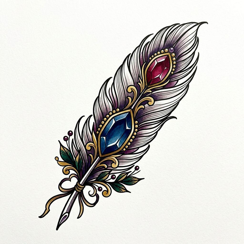 feder-tattoo farbige neo-traditional-feder