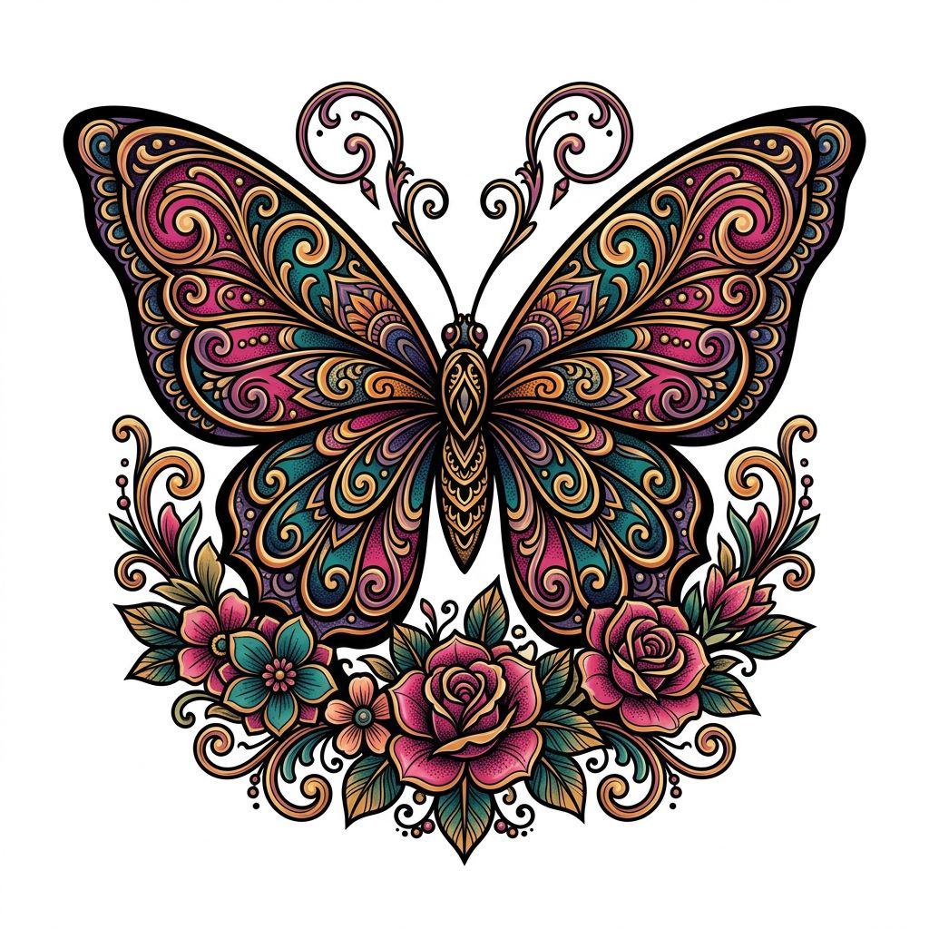 frau-tattoo neo-traditional schmetterling