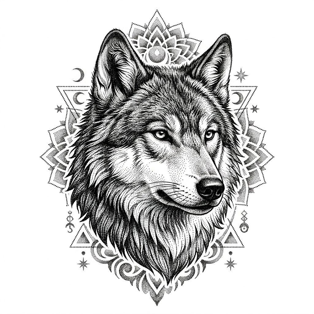 mann-tattoo dotwork-wolf
