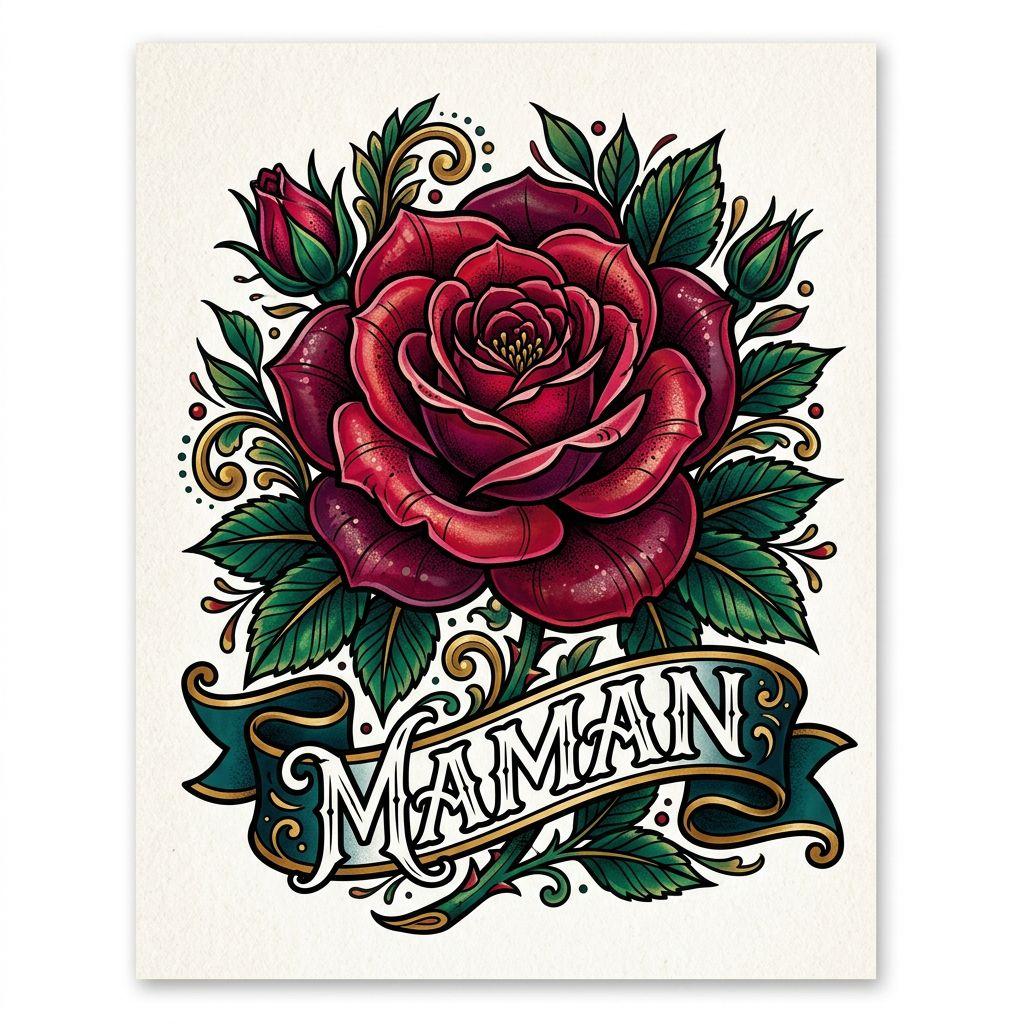 mama-tattoo neo-traditional rosen mama, Vorlage auf weißem Hintergrund