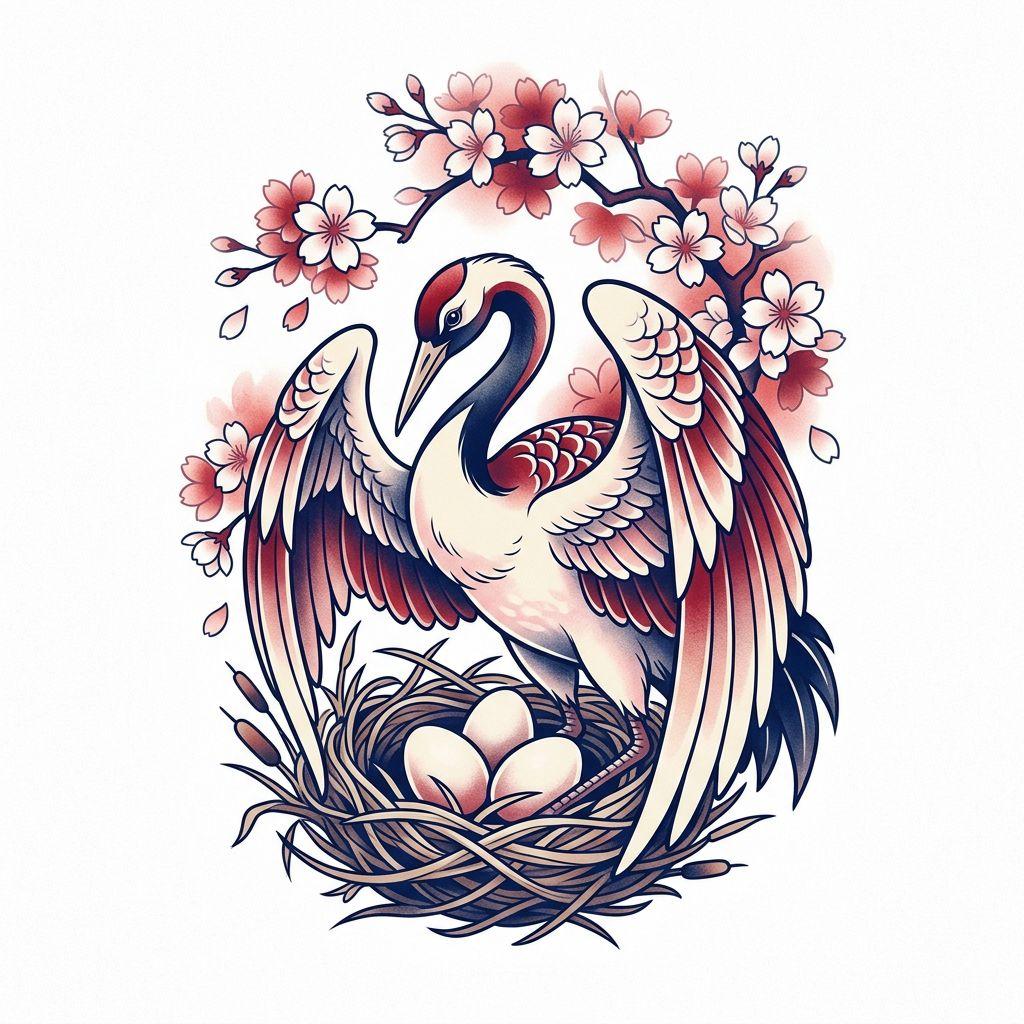 mama-tattoo schützender japanischer kranich, Vorlage auf weißem Hintergrund