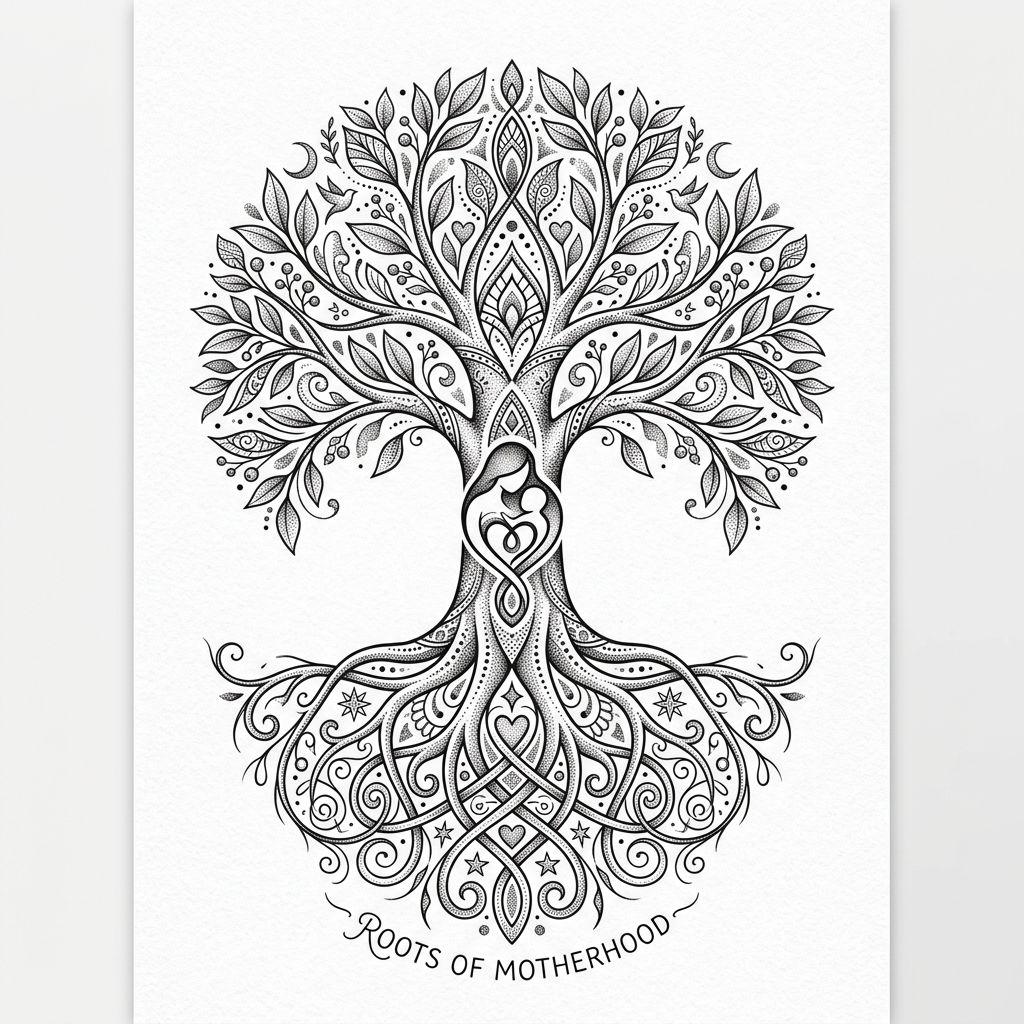 mama-tattoo spiritueller lebensbaum, Vorlage auf weißem Hintergrund