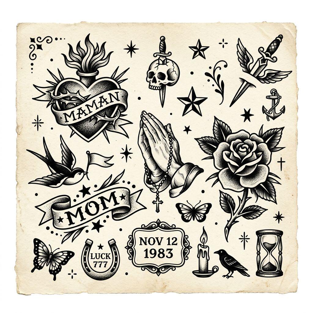 mama-tattoo patchwork hommage flash, Vorlage auf weißem Hintergrund