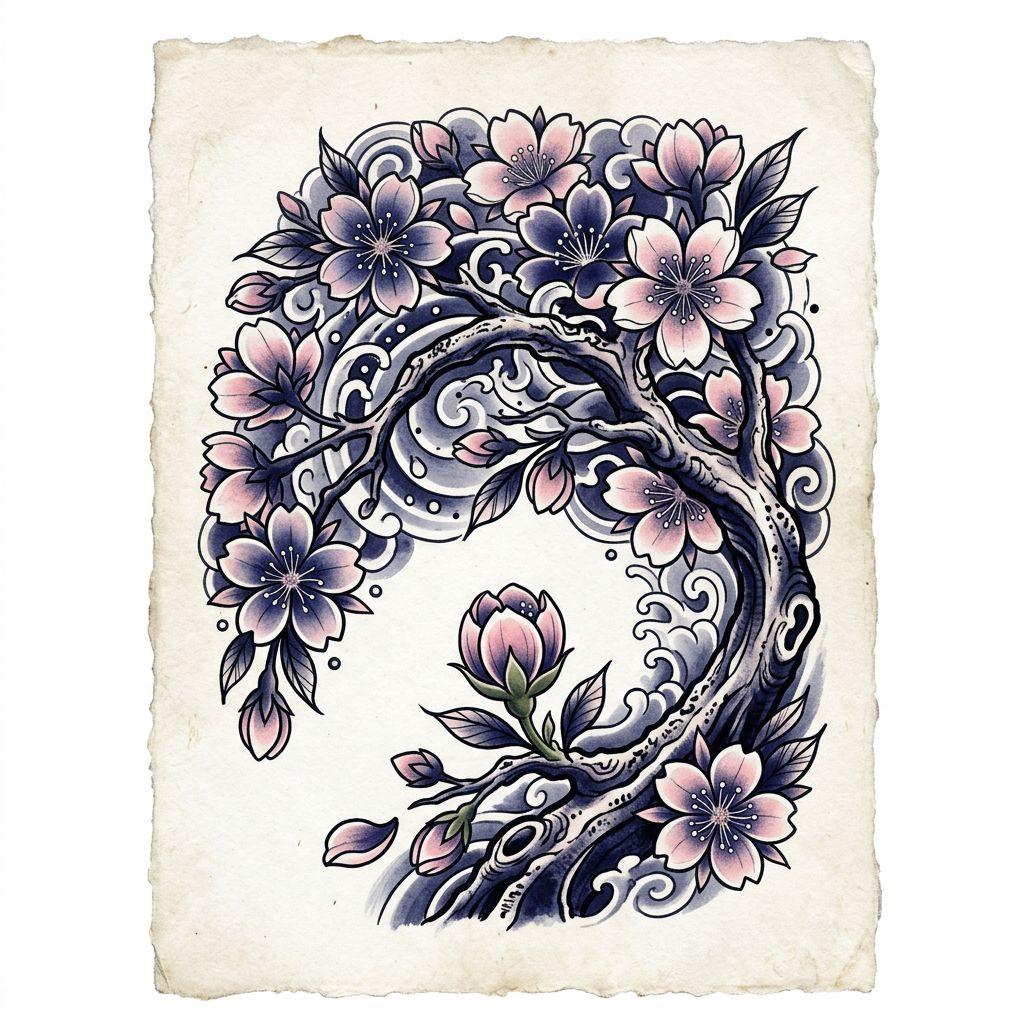 mutter-tochter-tattoo kirschblüten für mutter und tochter, Vorlage auf weißem Hintergrund