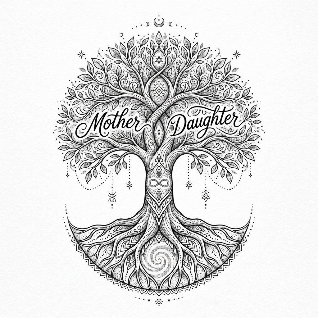 mutter-tochter-tattoo spiritueller lebensbaum, Vorlage auf weißem Hintergrund