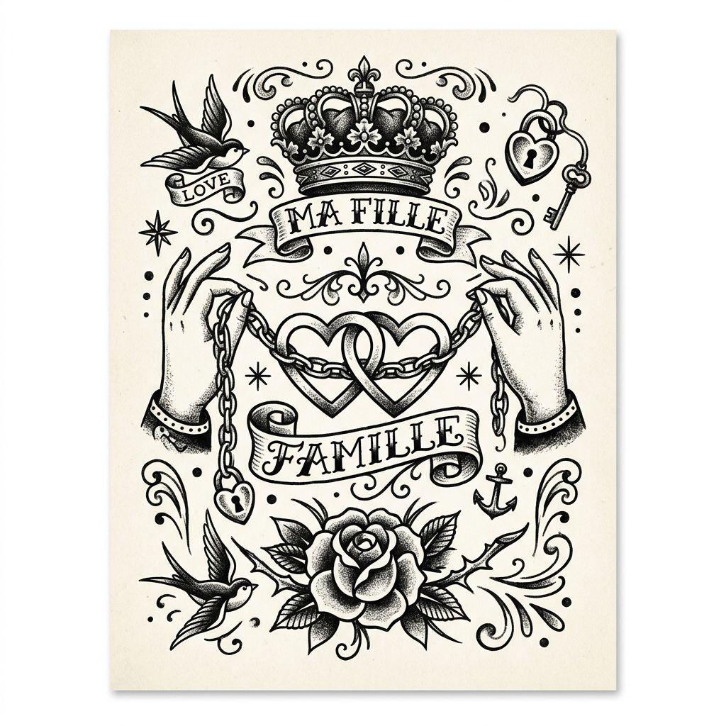 mutter-tochter-tattoo familien-flash im patchwork, Vorlage auf weißem Hintergrund