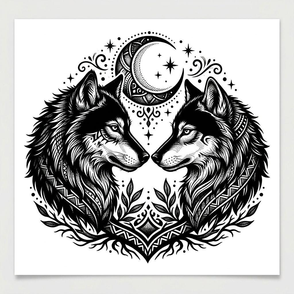 paar-tattoo wolf und wölfin blackwork