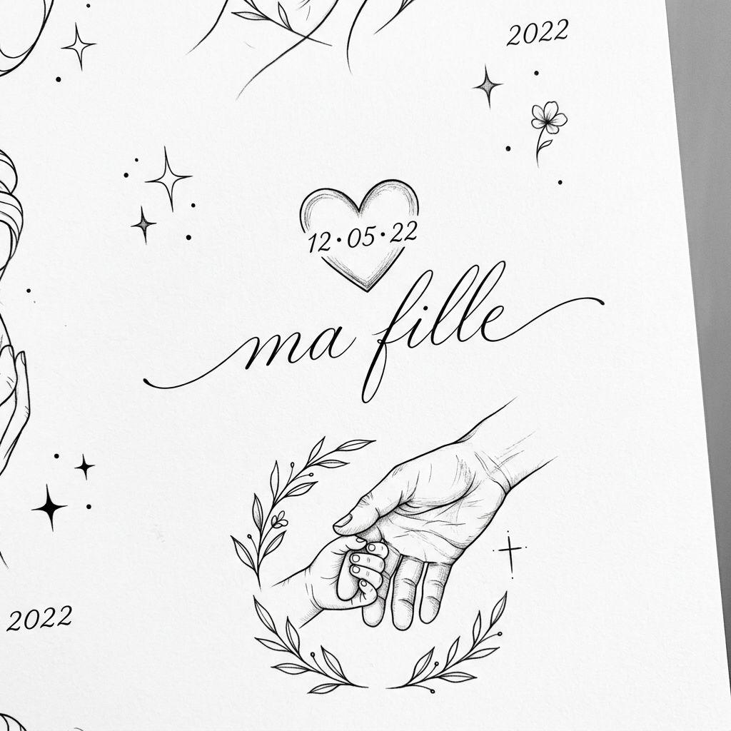 vater-tochter-tattoo geburtsdatum fineline, Vorlage auf weißem Hintergrund