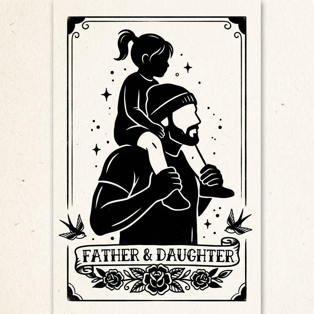 vater-tochter-tattoo vater und kind blackwork, Vorlage auf weißem Hintergrund