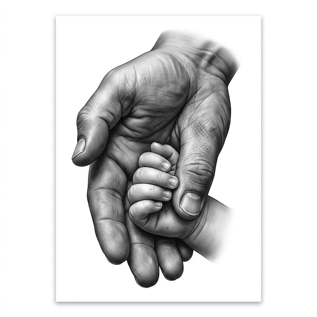 vater-tochter-tattoo realistische hände, Vorlage auf weißem Hintergrund