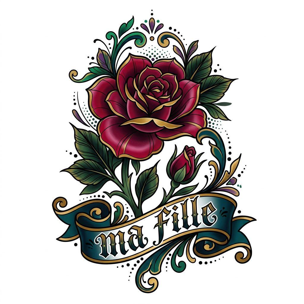 vater-tochter-tattoo neo-traditional blumen, Vorlage auf weißem Hintergrund