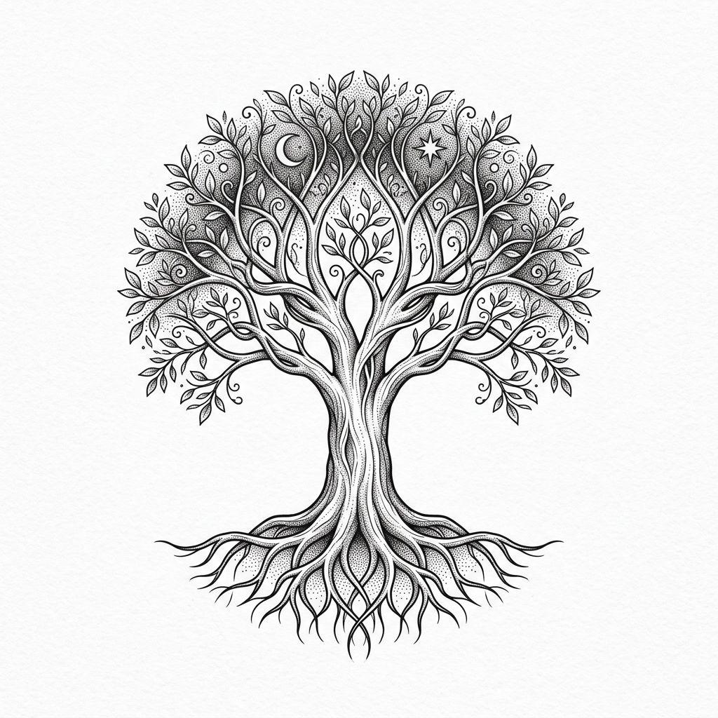 vater-tochter-tattoo spiritueller lebensbaum, Vorlage auf weißem Hintergrund