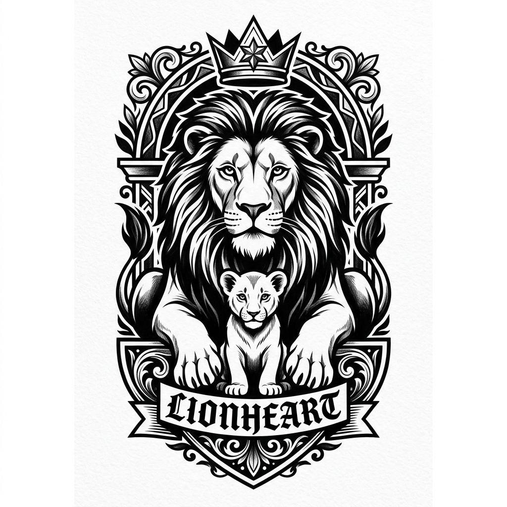 vater-tochter-tattoo löwe und löwenjunges, Vorlage auf weißem Hintergrund