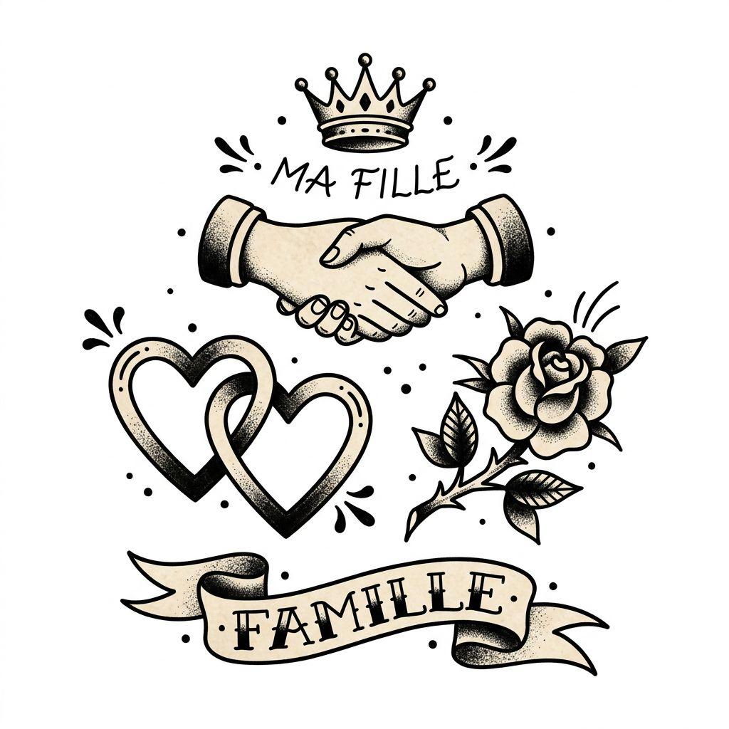 vater-tochter-tattoo familie flash patchwork, Vorlage auf weißem Hintergrund