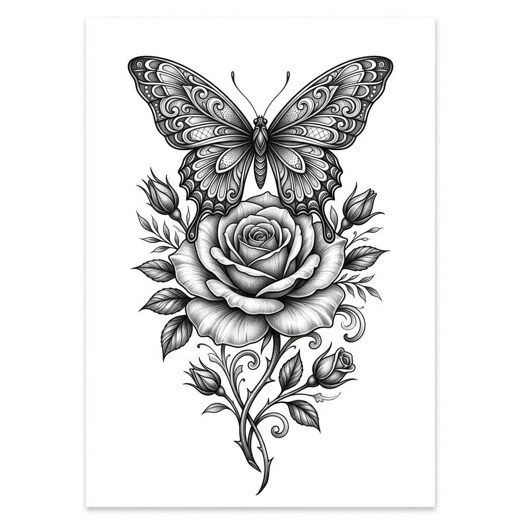 rose-tattoo rose und schmetterling