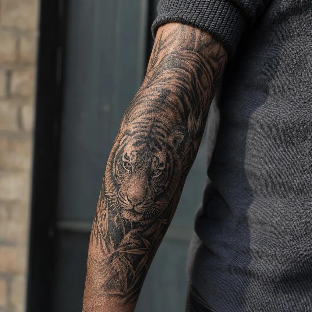 idée tatouage bras homme tigre puissant