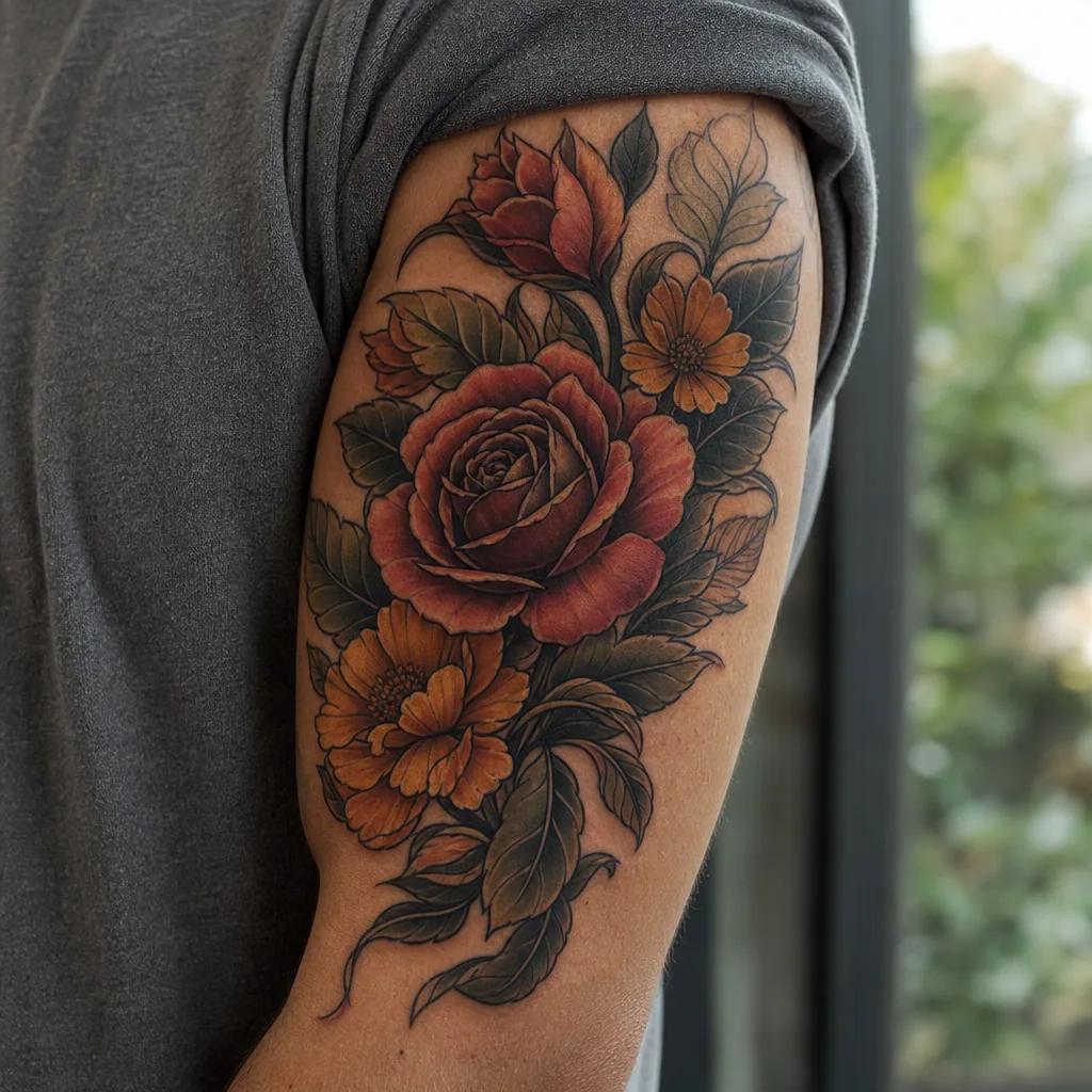 cover-up-tattoo neo-traditional mit blumen, Foto auf echter Haut