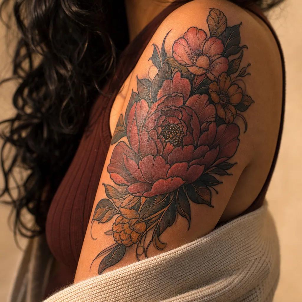 cover-up-tattoo neo-traditional mit blumen, Foto auf echter Haut