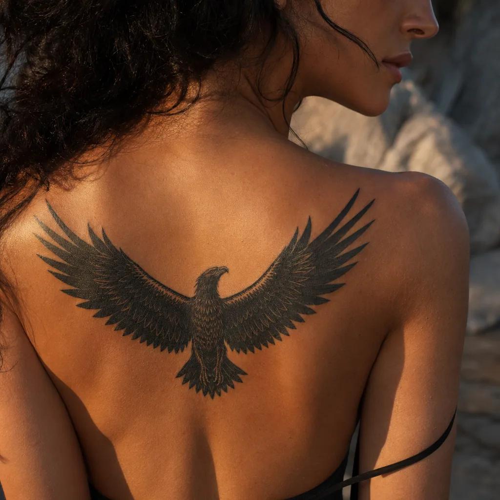 idée tatouage dos aigle blackwork ailes déployées
