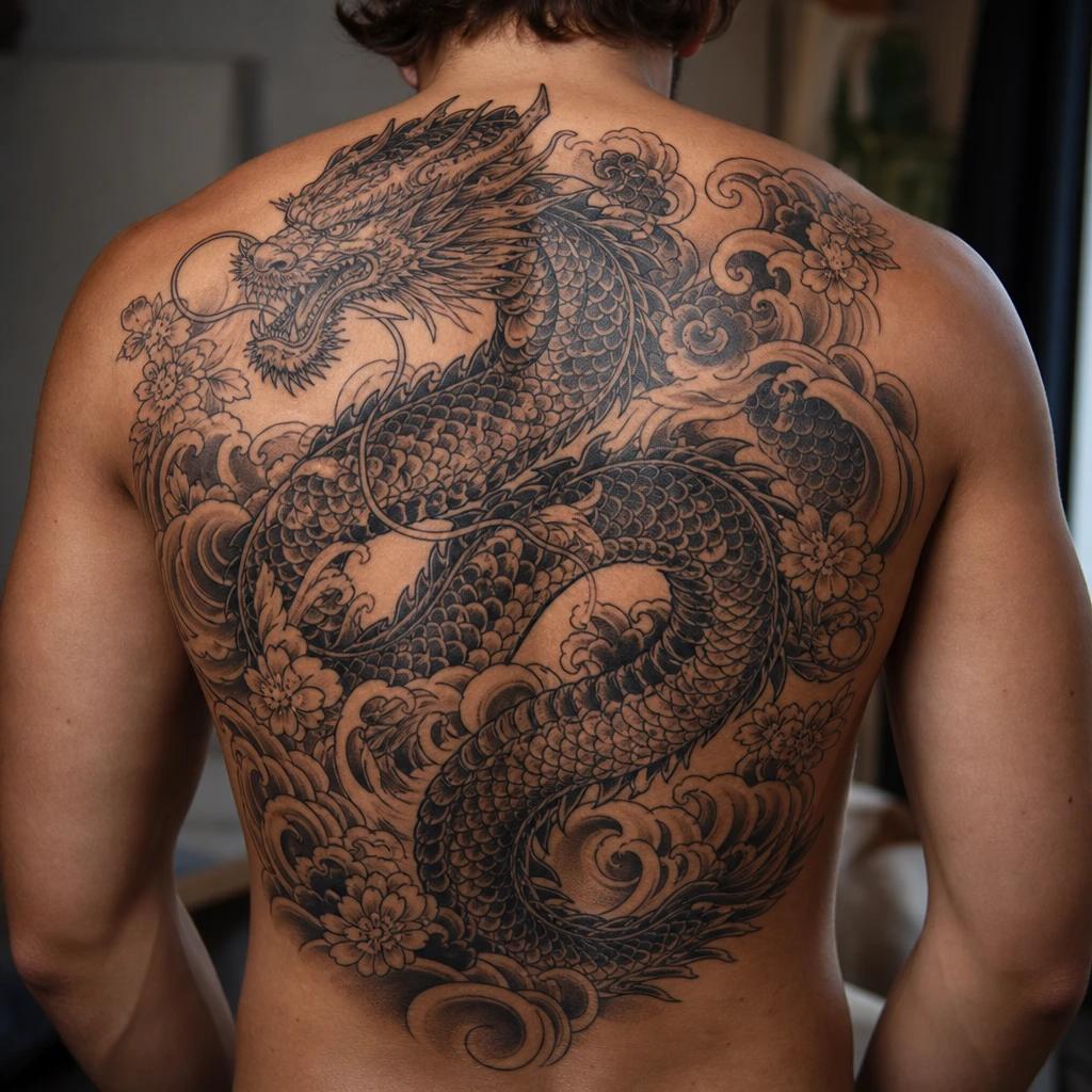 Selbst erstelltes Drachen-Tattoo im Japanese-Stil, Hautansicht auf dem Rücken