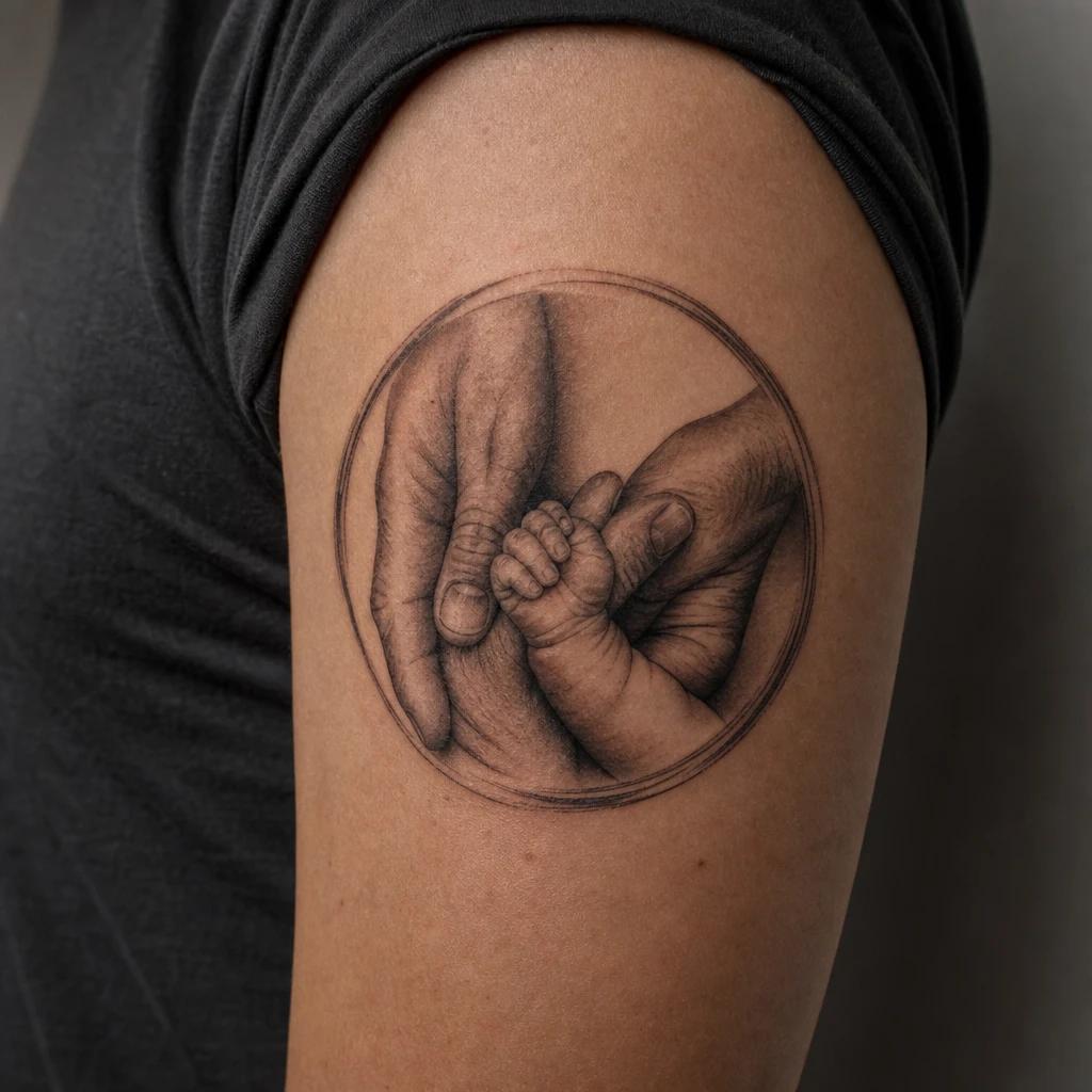 familie-tattoo hände im kreis, echt, Foto auf echter Haut