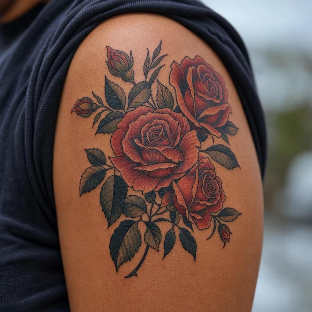 familie-tattoo neo-traditional rosen, Foto auf echter Haut