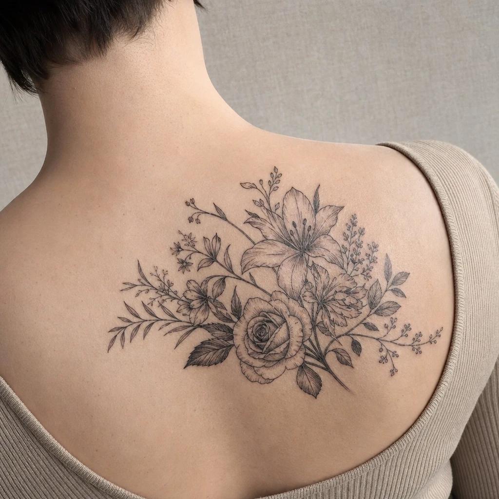 familie-tattoo florales familienbukett, Foto auf echter Haut