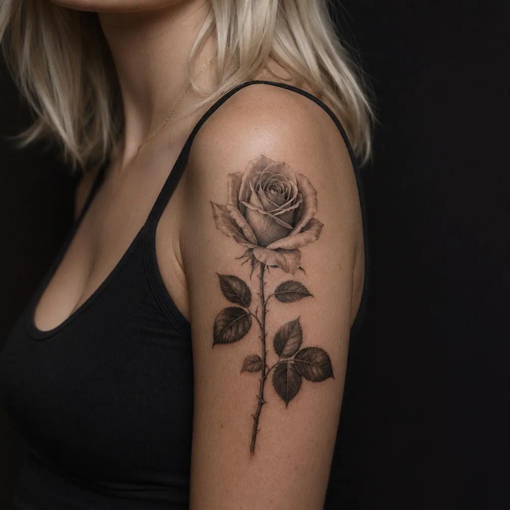 idée tatouage femme bras rose réaliste verticale