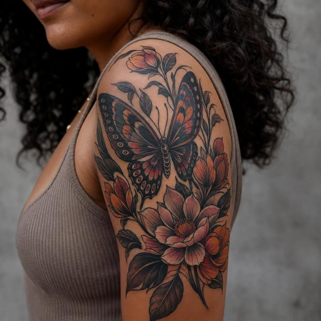 idée tatouage femme bras papillon néo-traditionnel sleeve